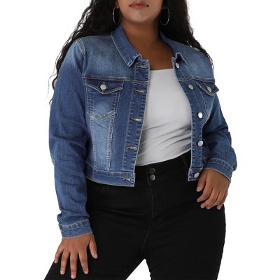 Agnes Orinda Women's Plus Size Cropped Long Sleeve Trendy Fashion Denim Jean Jackets