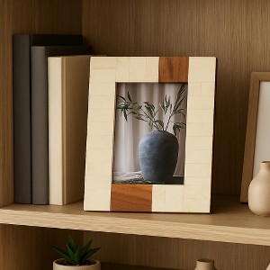 Decorative Resin Photo Frame with Wood Stripe Border - Home Decor Accent for Console Tabletop, Living Room, or Office Desk Styling - 9", Ivory & Brown - 1 of 4