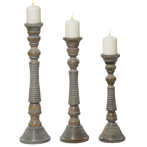 Set of 3 Traditional Style Turned Column Wood Candle Holders Gray - Olivia  & May