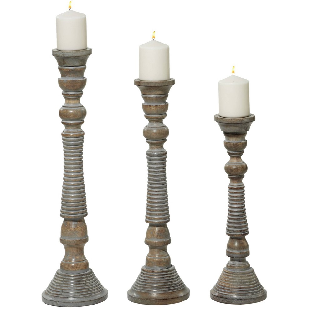 Photos - Figurine / Candlestick Set of 3 Traditional Style Turned Column Wood Candle Holders Gray - Olivia