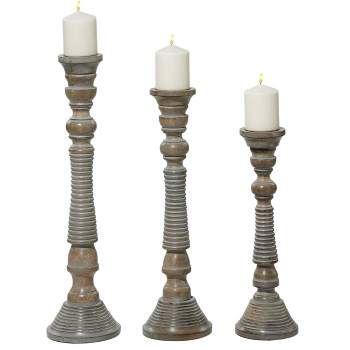 Set of 3 Traditional Style Turned Column Wood Candle Holders Gray - Olivia & May