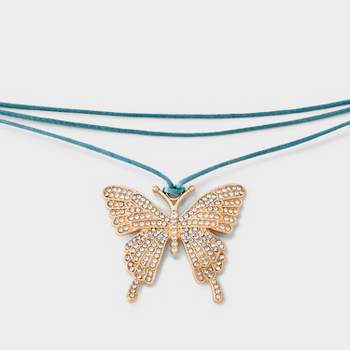 Adjustable Cord Crystal Butterfly Choker Necklace - Wild Fable™ Teal/Gold