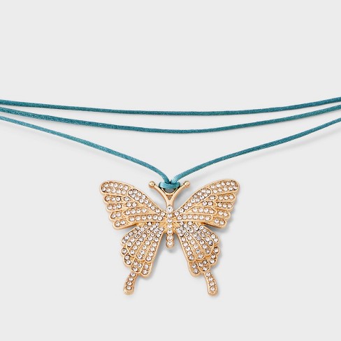 Adjustable Cord Crystal Butterfly Choker Necklace - Wild Fable™ Teal/gold :  Target