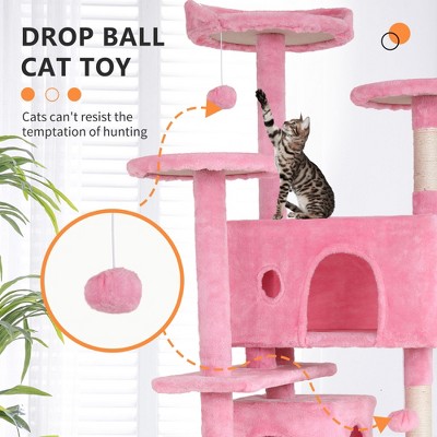 70in Pink Faux-Fur Multi-Level Cat Tree Tower with Sisal Scratching Posts