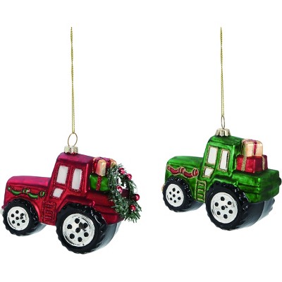 Transpac Glass 5 in. Multicolor Christmas Tractor Ornament Set of 2