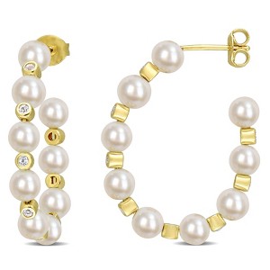 EVERLY JEWELRY | Yellow Plated Sterling Silver 4.5 - 5 MM Cultured Freshwater Pearl and 1/2 CT TGW White Topaz Beaded Hoop Earrings - 1 of 4