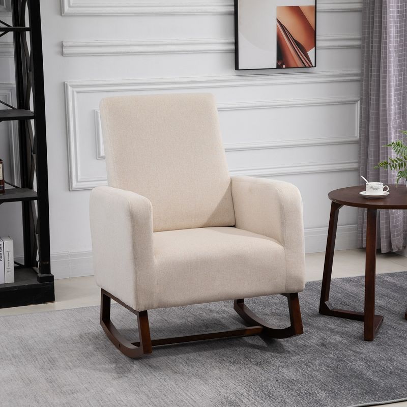 HOMCOM Accent Lounge Rocking Chair with Solid Curved Wood Base and Linen Padded Seat, 3 of 8
