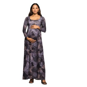 24seven Comfort Apparel Maternity Long Sleeve Empire Waist Maxi Dress in Grey Print - 1 of 3