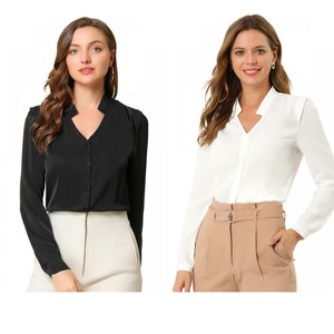 INSPIRE CHIC Women's Elegant V Neck Work Office Button Up Shirt 2 Packs - 1 of 4