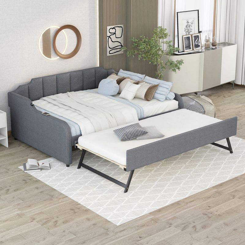Full Size Upholstery Daybed with Adjustable Trundle Bed and USB Port, Gray-ModernLuxe, 2 of 12