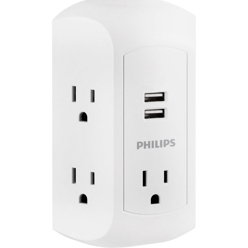 Philips 5-Outlet Grounded Tap 2 USB Ports 2.4A Adapter Spaced Outlets 560J - White Turtle, 3 of 8
