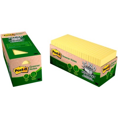 Post-it Recycled Paper Greener Notes Cabinet Pack, 3 x 3 Inches, Canary Yellow, Pad of 75 Sheets, Pack of 24