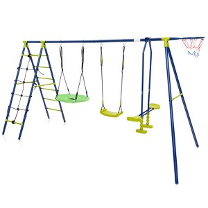 Costway Swing Set for Backyard with 2 Height Adjustable Swings Glider Basketball Hoop - 1 of 4