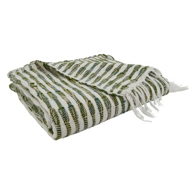 Green and White Woven Cotton Acrylic Throw Blanket