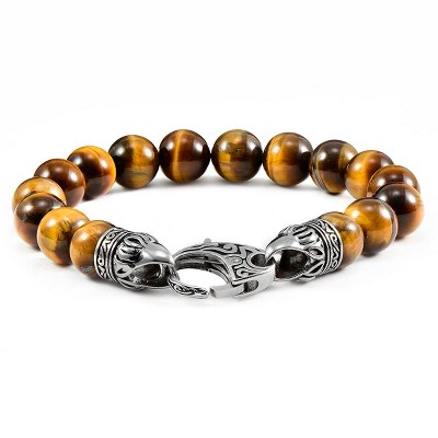 Crucible Men's Tiger Eye Stone Bead Antiqued Lobster Clasp Bracelet (10mm) - 8"
