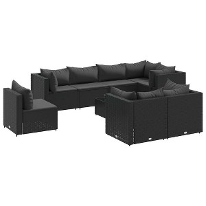 vidaXL 9 Piece Black Patio Lounge Set - PE Rattan, Cushions, Modular Outdoor Furniture for Garden, Deck, Backyard, Terrace - Tempered Glass Table - 1 of 4