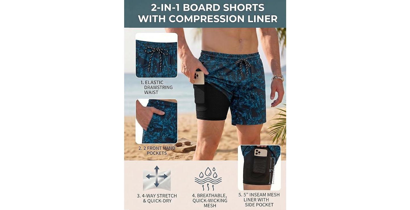 Мужские шорты COOFANDY Men Swim Trunk with Compression Liner 2 in 1 Swimwear Bathing Suit Quick Dry Board Short Black Plam Leaf M, цвет: Чёрный — фото 4
