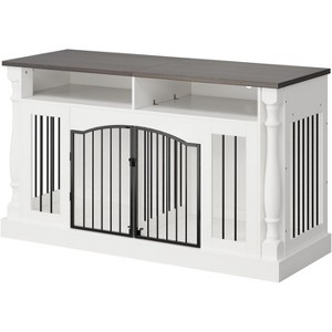 Double Dog Crate Furniture for 2 Dogs, 63 Inch Wooden TV Stand with Charging Station & Sliding Doors, Indoor Kennel - 1 of 1