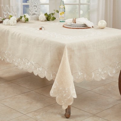 Beige Embroidered Linen Blend Rectangular Tablecloth, 67"x120"
