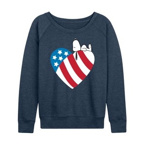 Women's - Peanuts - Snoopy On Flag Heart Lightweight French Terry Wide Neck Long Sleeve Shirt - 1 of 4