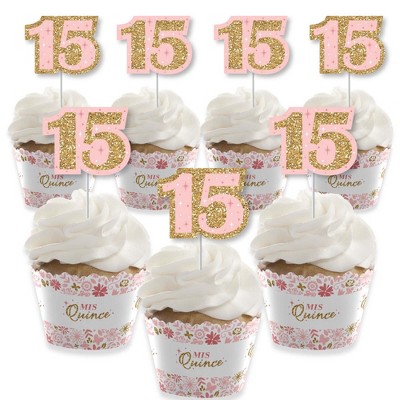 Big Dot of Happiness Mis Quince Anos - Cupcake Decoration - Quinceanera Sweet 15 Birthday Party Cupcake Wrappers and Treat Picks Kit - Set of 24