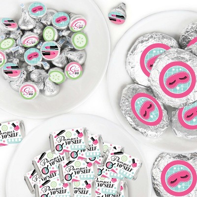 Big Dot of Happiness Spa Day - Mini Candy Bar Wrappers, Round Candy Stickers & Circle Stickers - Girls Makeup Party Candy Favor Sticker Kit - 304 Pcs