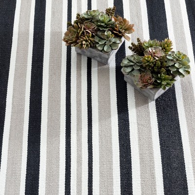 Black and Khaki Stripe Handwoven Reversible Synthetic Rug