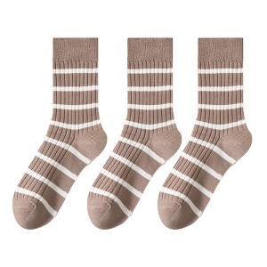 Anna-Kaci 3 Pairs Women's Striped Crew Socks with Ribbed Knit Design and Anti-Pilling Cotton Blend - 1 of 4