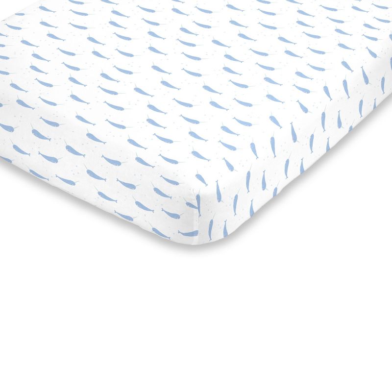 NoJo Super Soft Blue and White Watercolor Narwhal Fitted Mini Crib Sheet, 1 of 4
