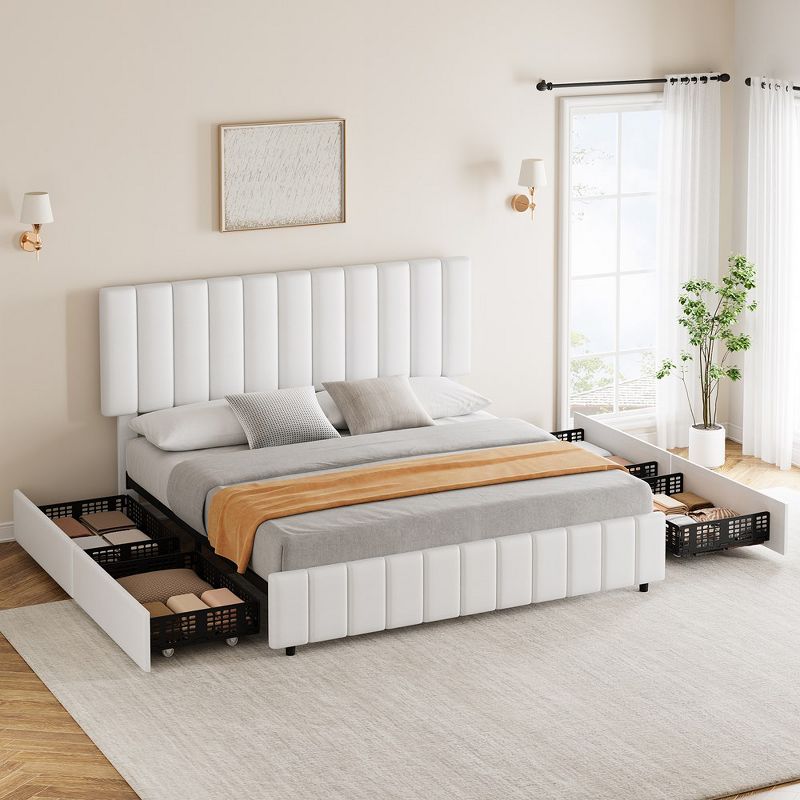 Whizmax Full Size Bed Frame with Adjustable Headboard and 4 Storage Drawers, Linen Upholstered Platform Bed Frame with Wooden Slats Support, Grey, 3 of 10