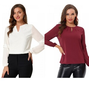 Allegra K Women's Chiffon Semi Sheer Keyhole Neck Elegant Work Blouse 2 Packs - 1 of 4