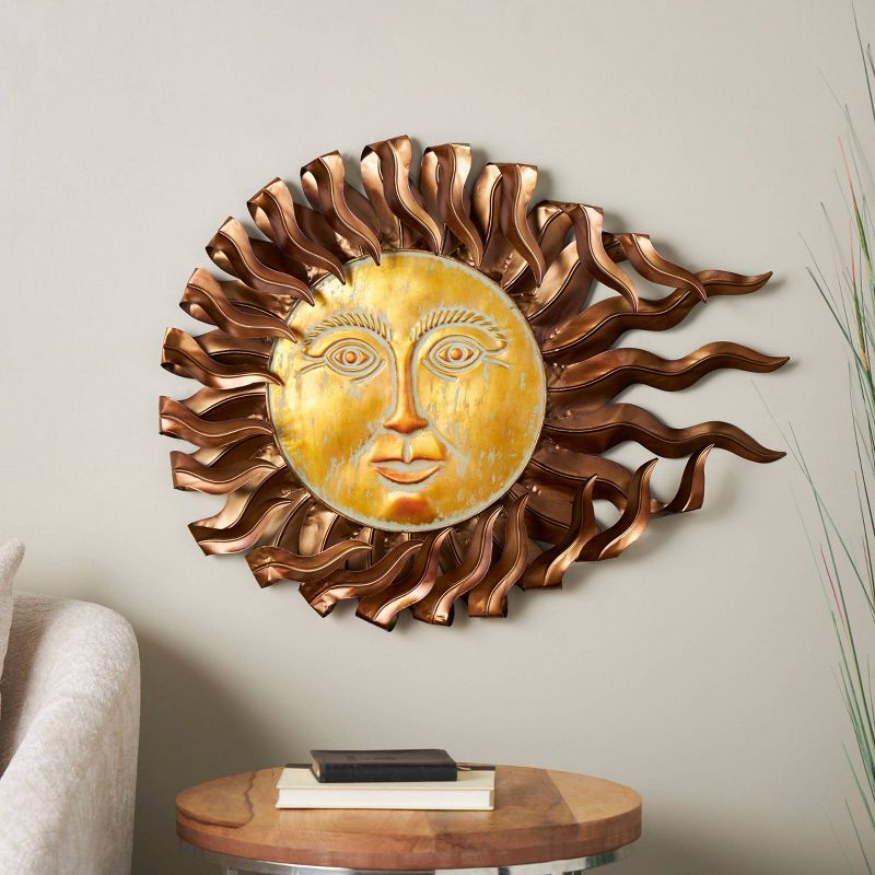 Olivia &#38; May 24&#34;x30&#34; Metal Sun Wall Decor with Gold Sun Face and Folded Wavy Rays Copper, 3 of 9