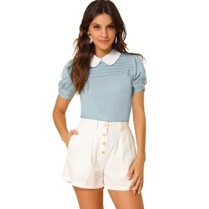 INSPIRE CHIC Women's Vintage Peter Pan Collar Contrast Puff Short Sleeve Blouse - 1 of 4