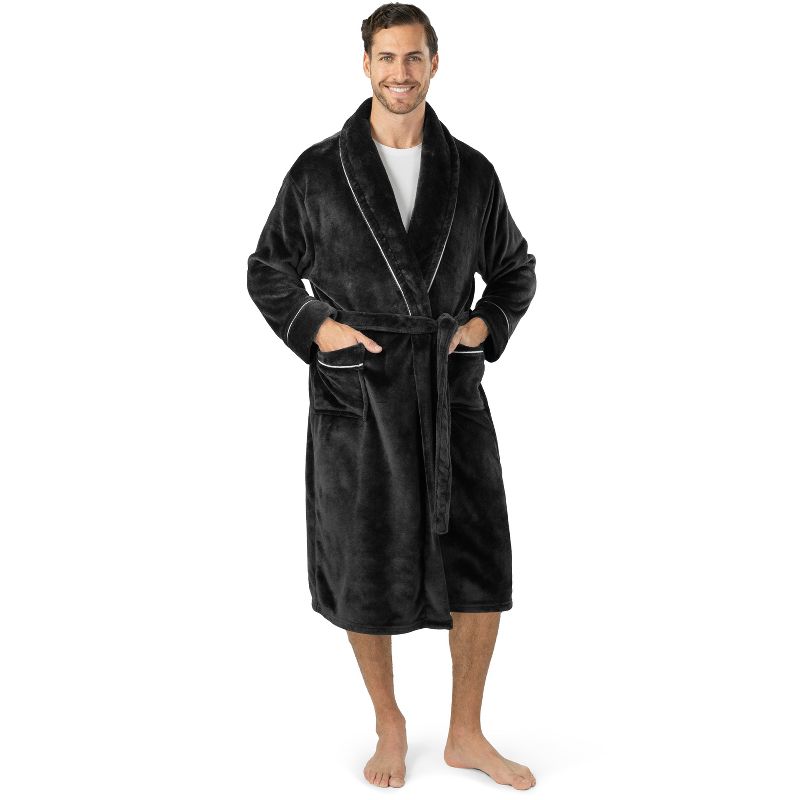PAVILIA Mens Soft Robe, Plush Warm Bathrobe for Men, Long Spa Fleece Flannel with Shawl Collar, Pockets, Trim Piping (Black, 2XL/3XL)