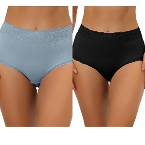 Allegra K Women's High Waist Tummy Control Comfortable Lace Trim Ribbed Brief 2 Packs - 1 of 4
