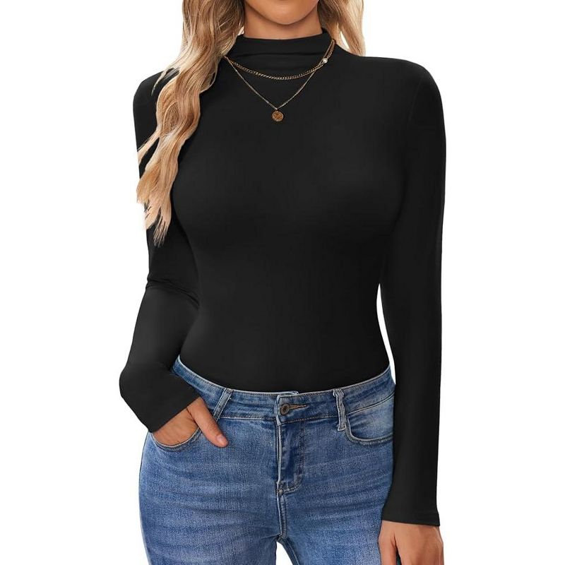 Ekouaer Turtleneck Shirt Women Long Sleeve Mock Neck Slim Fit Tops Thermal Base Layer Soft Lightweight Stretch Undershirts Black S