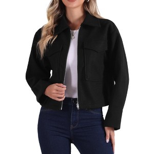 Allegra K Women's Zipper Lapel Collar Two Pockets Long Sleeve Casual Jacket - 1 of 4