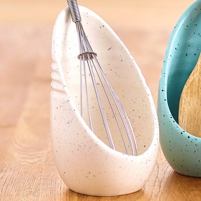 Lakeside Speckled Upright Earthenware Spoon Rest - Kitchen Utensil Holder - White