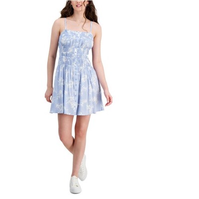 Hippie Rose Womens Floral Print Smocked Tank Dress, Blue, Large