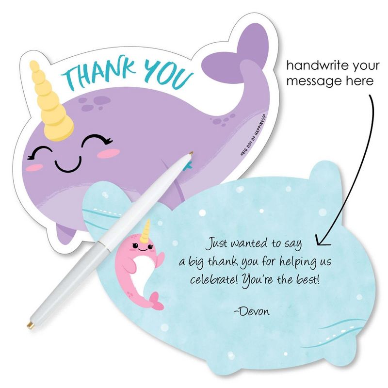Big Dot of Happiness Narwhal Girl - Shaped Thank You Cards - Under The Sea Baby Shower or Birthday Party Thank You Note Cards & Envelopes - Set of 12, 2 of 8