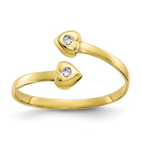 14K Yellow Gold Shiny Cuff Type outlet Toe Ring+2 Small Heart with White Cubic Zirconia