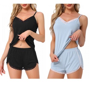 INSPIRE CHIC Women's 2 Pcs Ribbed Knit Lace-Trim V-Neck Cami Top with Shorts Sleeveless Pajama Sets - 1 of 4