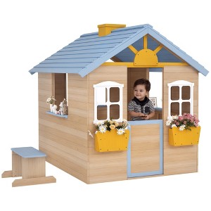 Outsunny Wooden Playhouse for Kids, Adventures Cottage, with Working Door, Windows, Bench, Service Station, Flowers Pot Holder, for 3-7 Years Old Blue - 1 of 4