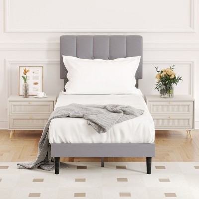 FURNIinspire Beds Modern Twin Size Bed Frame Iron Platform Bed with Soft Headboard, Wooden Bed Board Bedroom Furniture, Grey, 75.86"*38.97"*43.26"