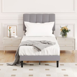 FURNIinspire Beds Modern Twin Size Bed Frame Iron Platform Bed with Soft Headboard, Wooden Bed Board Bedroom Furniture, Grey, 75.86"*38.97"*43.26" - 1 of 4
