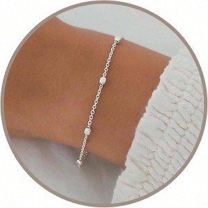 Silver Stacking Bracelet, Minimalist Satellite Rectangle Lace Heart Chain for Women, Sterling Silver, 6.5 - 7.5 Inches - 1 of 4