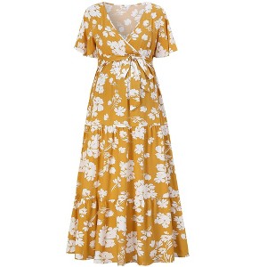 V-neck flared sleeve short sleeved long maternity dress - 1 of 1