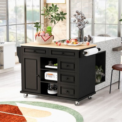 Kitchen Island with Storage, 52.8'' Rolling Kitchen Cart with Drawers & Towel Rack, Mobile Kitchen Island On Wheels For Dining Room Kitchen