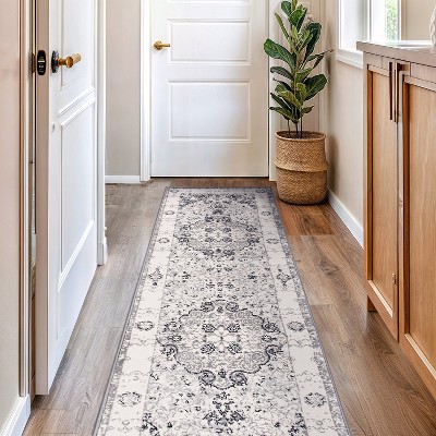 Gray Medallion Synthetic Easy Care Runner Rug