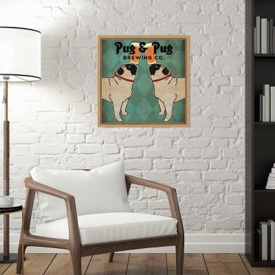 Vintage Style Pug and Beer Canvas Print in Maple Frame